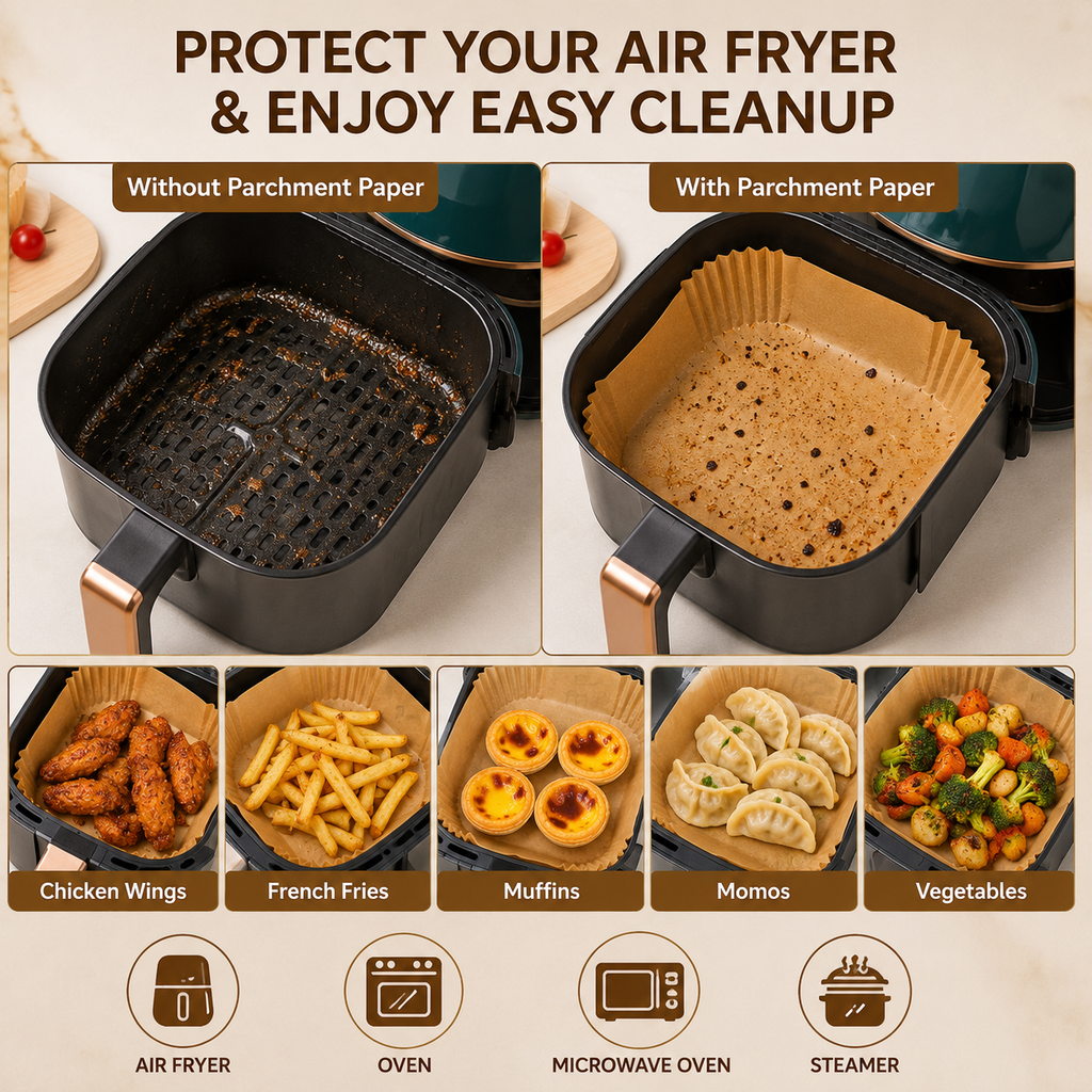 NIRAVE Air Fryer Paper Liners 100 Pcs | 160mm × 45mm