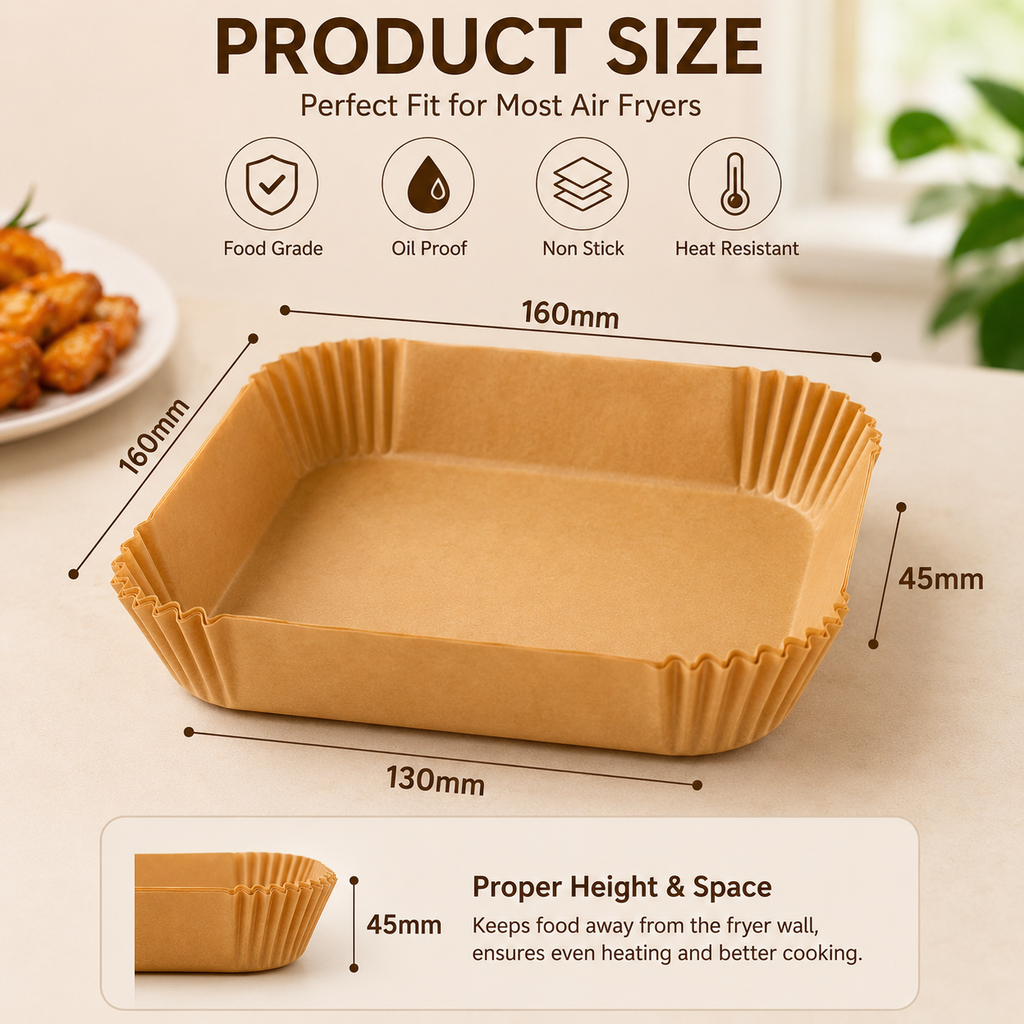 NIRAVE Air Fryer Paper Liners 100 Pcs | 160mm × 45mm